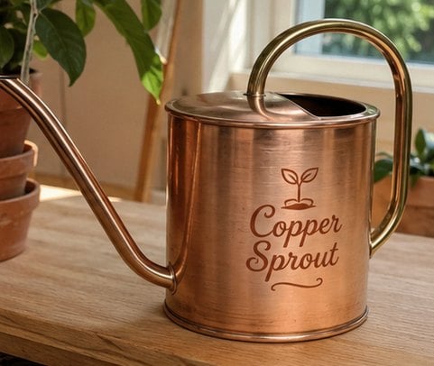 Warm copper-finish watering can with an engraved generic luxury-brand logo