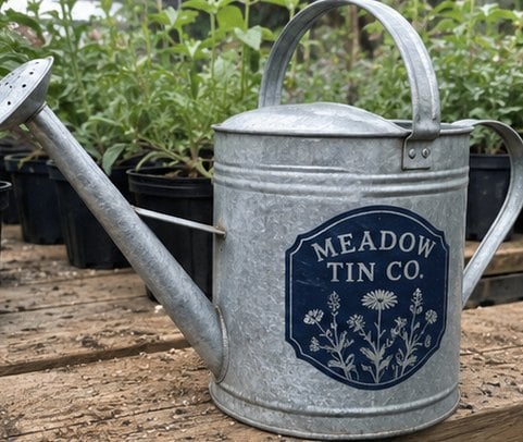 Classic galvanized metal watering can with a screen-printed generic farmhouse logo