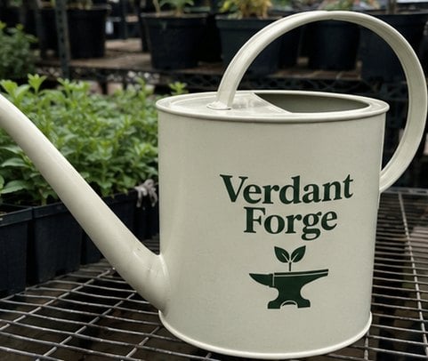 Sage-green powder-coated steel watering can with a pad-printed generic garden-brand logo